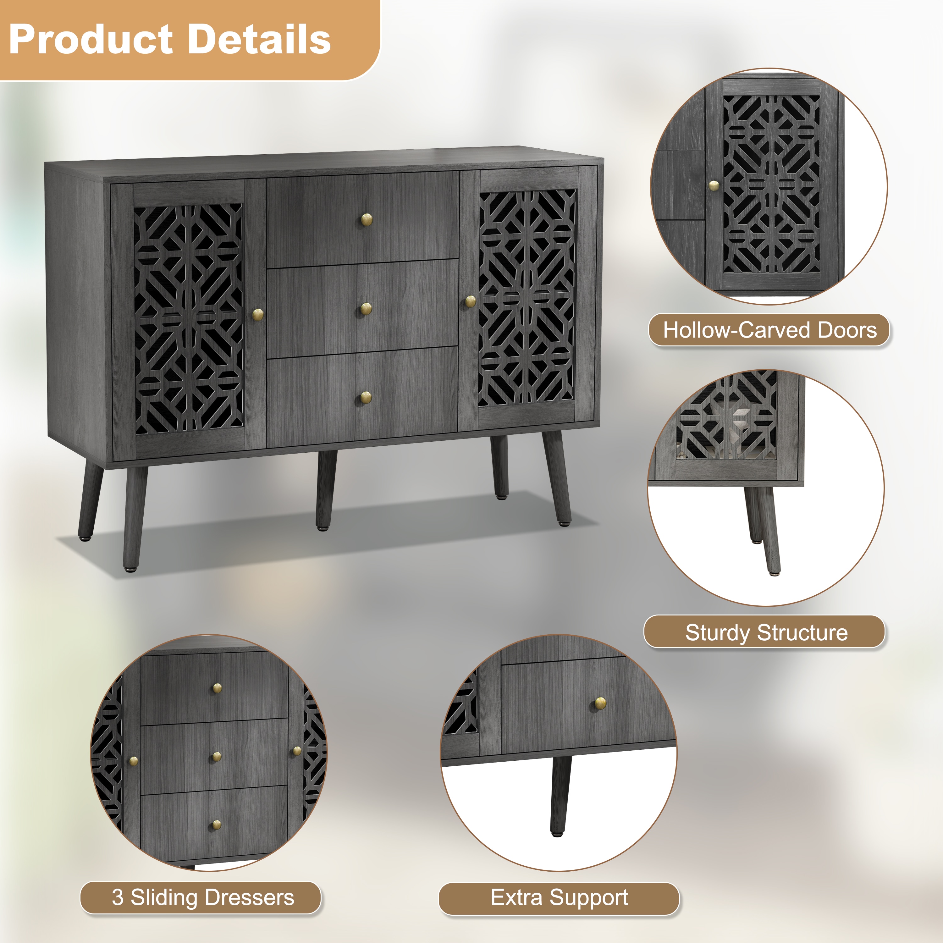 Accent Cabinet With Drawers And 2 Doors, Retro Hollow Carved Buffet Cabinet, Sideboard With Storage, Credenza For Living Room, Kitchen, Dinning Room, Hallway_voghion.com